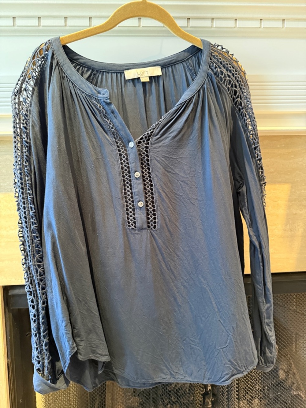 LOFT Women's Slate Blue Crochet-Trim Long Sleeve Blouse